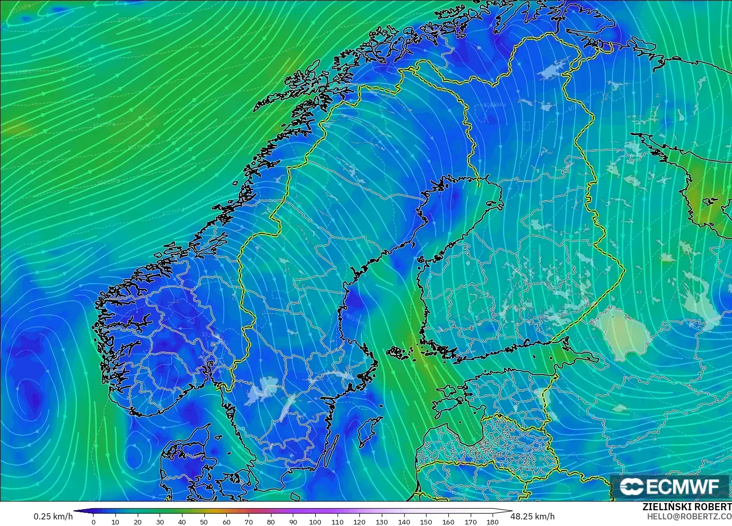 ECMWF IFS 0.25° modelo - Escandinavia, Viento a 10 m