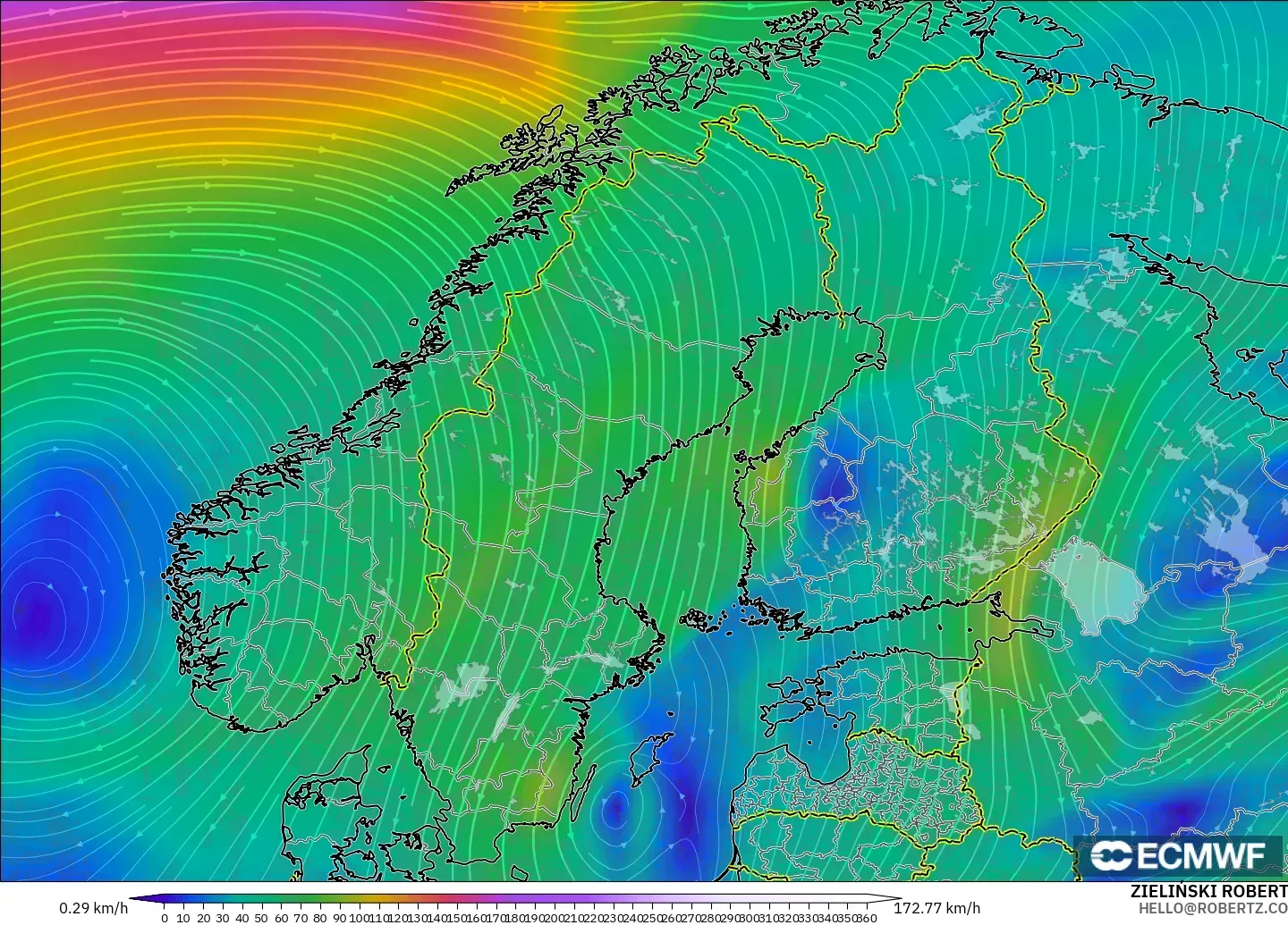 ECMWF IFS 0.25° modelo - Escandinavia, Viento a 300 hPa (corriente en chorro)