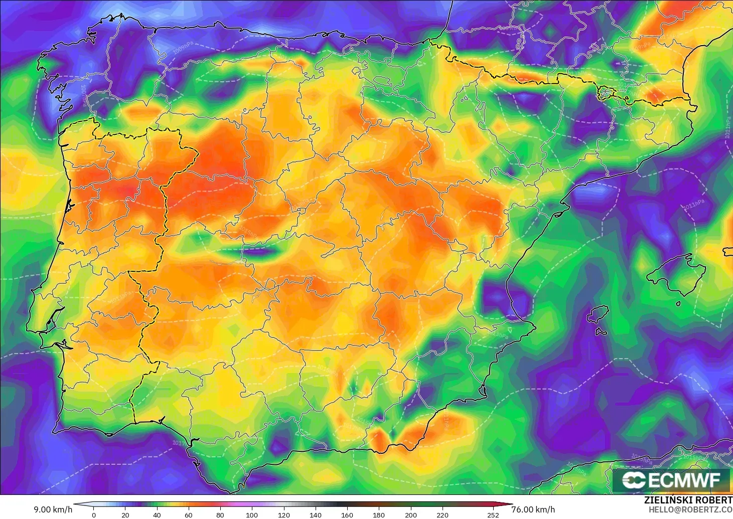 ECMWF IFS 0.25° modelo - España, Ráfagas de viento