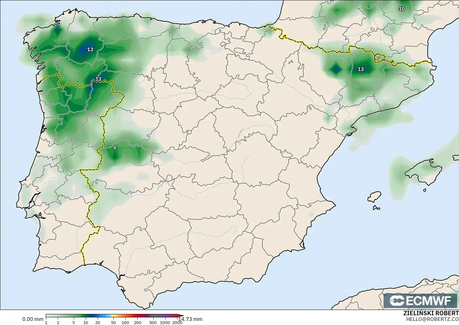ECMWF IFS 0.25° modelo - España, Acumulación de precipitación