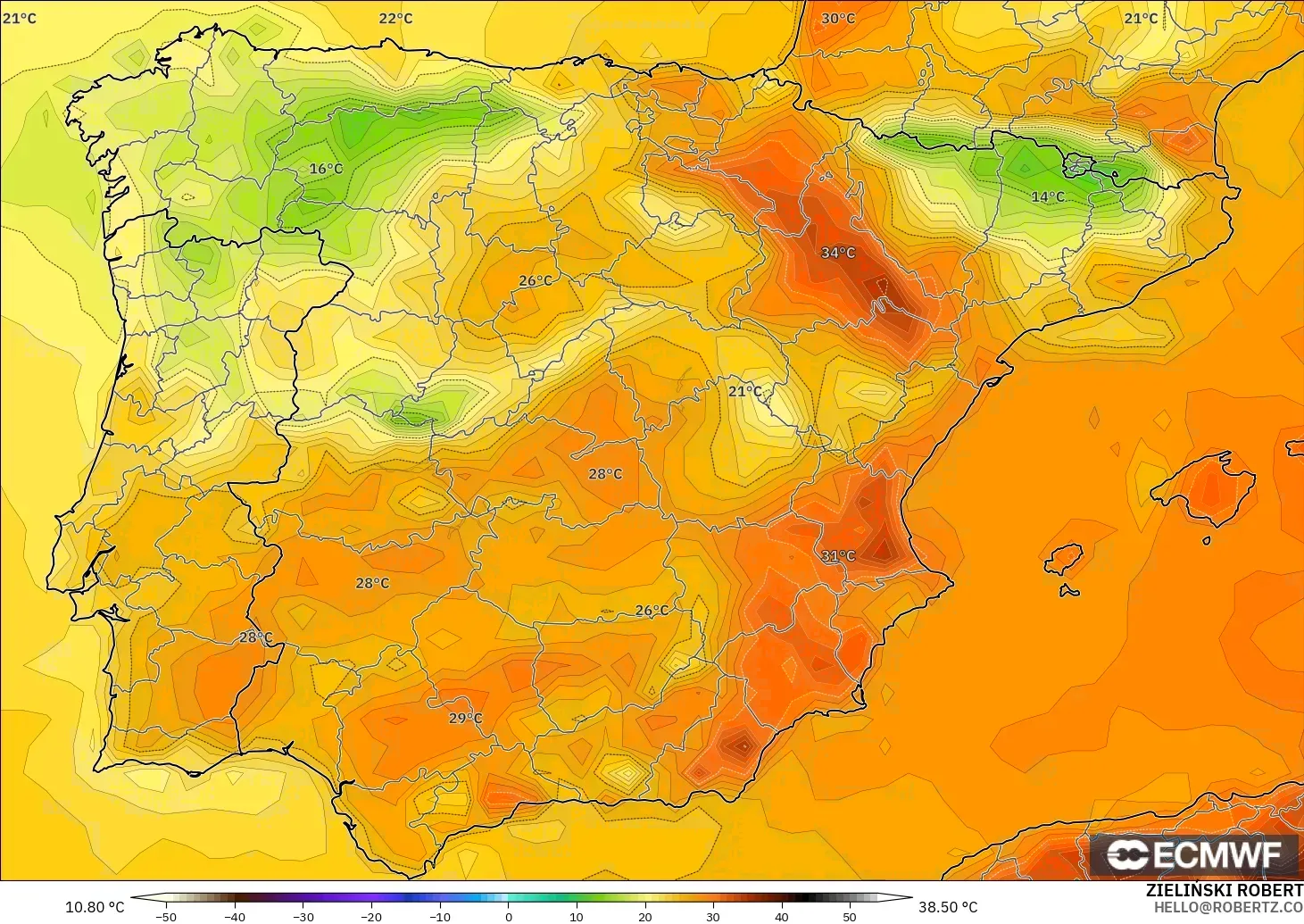 ECMWF IFS 0.25° modelo - España, Temperatura a 2 m