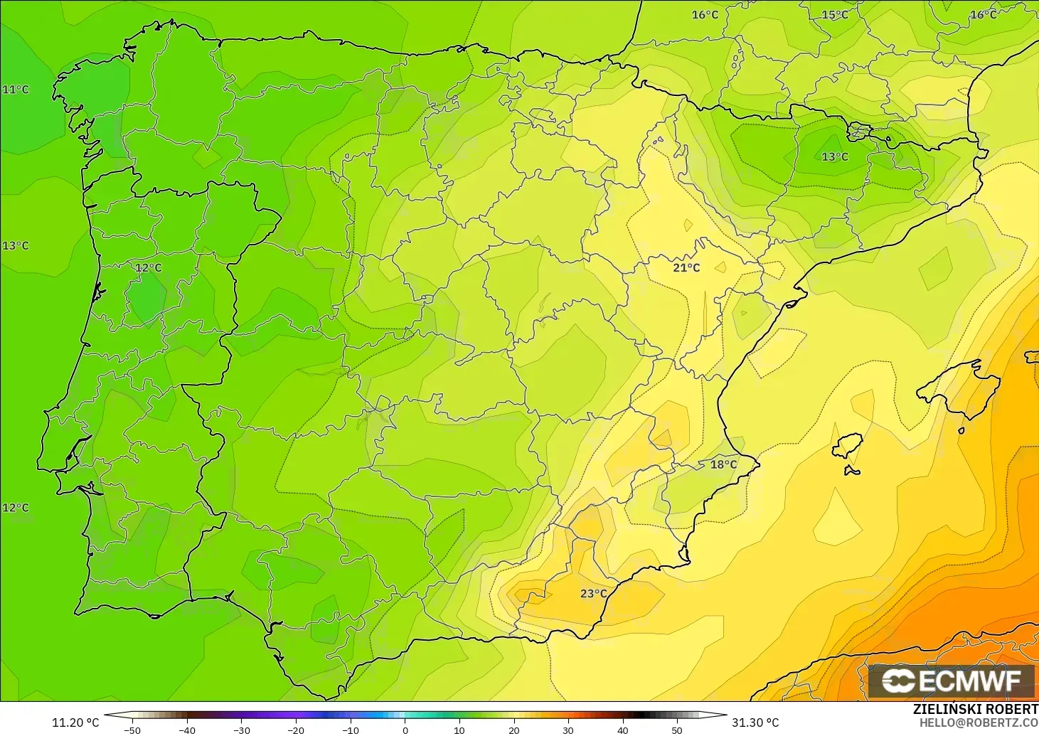 ECMWF IFS 0.25° modelo - España, Temperatura a 850 hPa