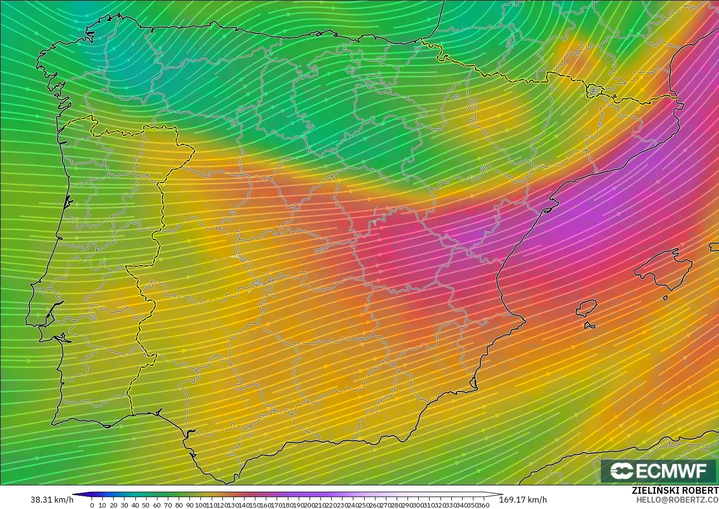 ECMWF IFS 0.25° modelo - España, Viento a 300 hPa (corriente en chorro)