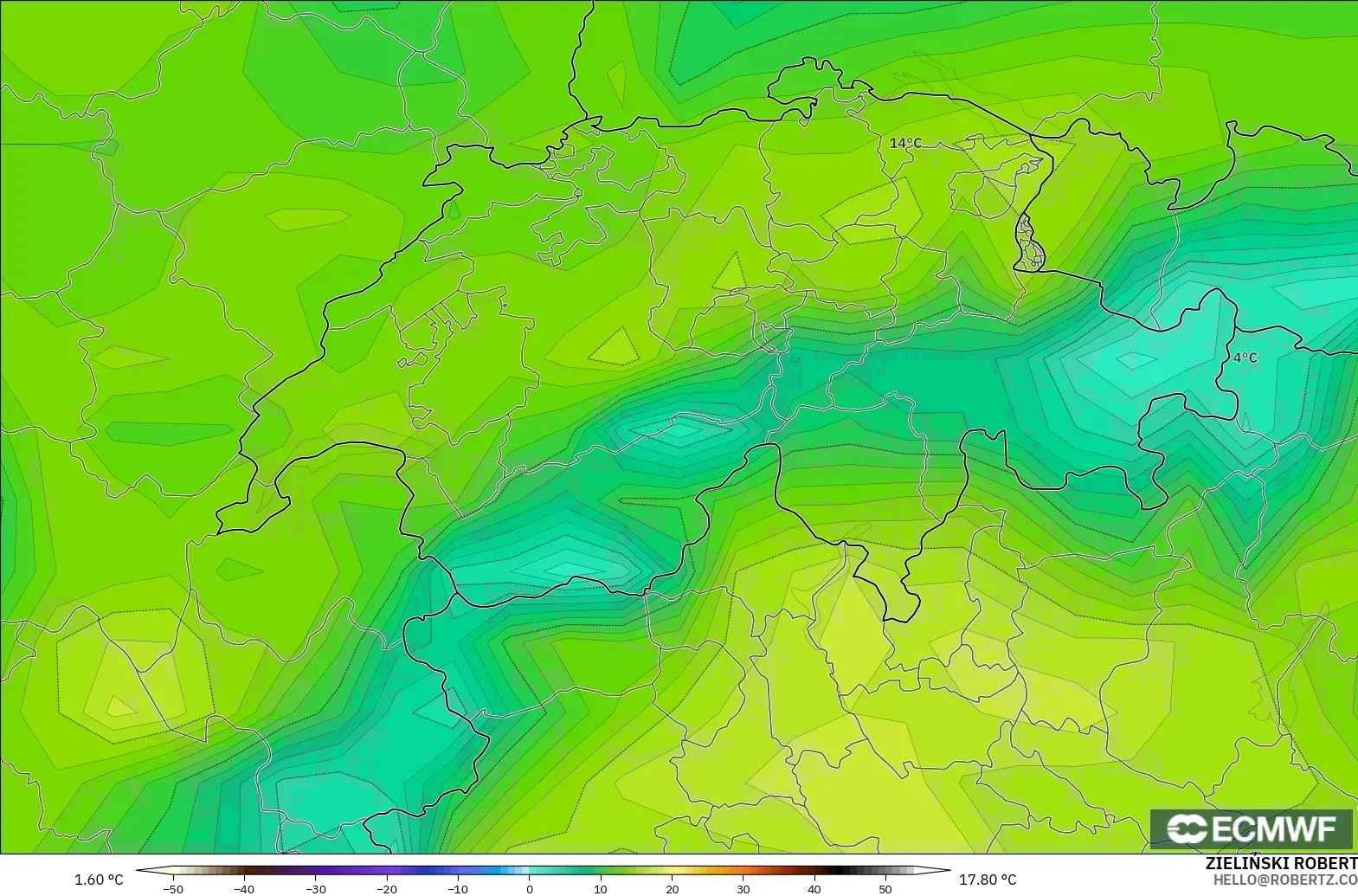 ECMWF IFS 0.25° modelo - Suiza, Punto de rocío a 2 m