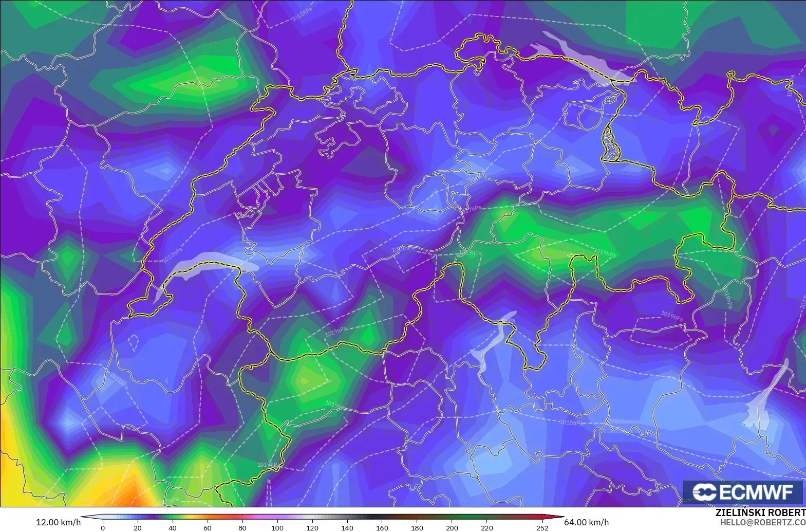 ECMWF IFS 0.25° modelo - Suiza, Ráfagas de viento