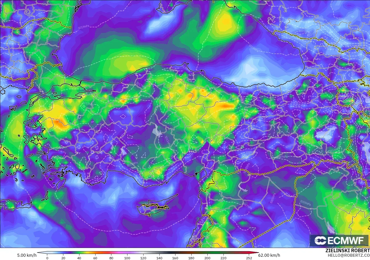ECMWF IFS 0.25° modelo - Turquía, Ráfagas de Viento Máximas
