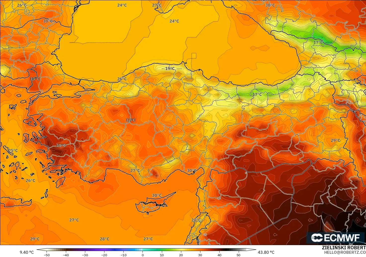 ECMWF IFS 0.25° modelo - Turquía, Temperatura a 2 m