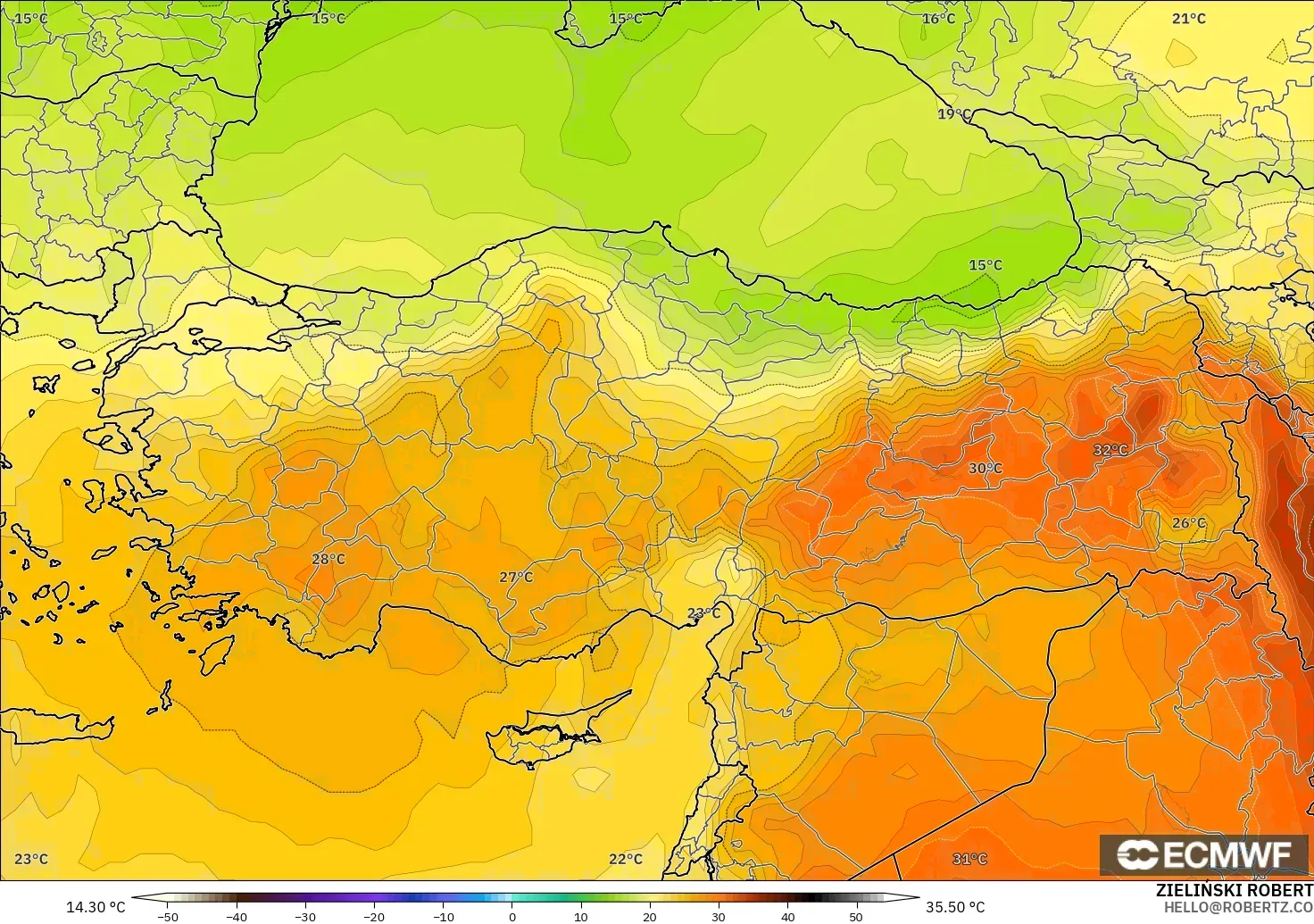 ECMWF IFS 0.25° modelo - Turquía, Temperatura a 850 hPa
