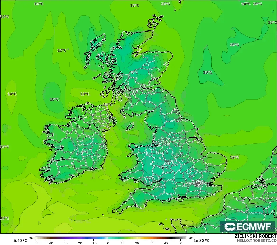 ECMWF IFS 0.25° modelo - Reino Unido, Punto de rocío a 2 m
