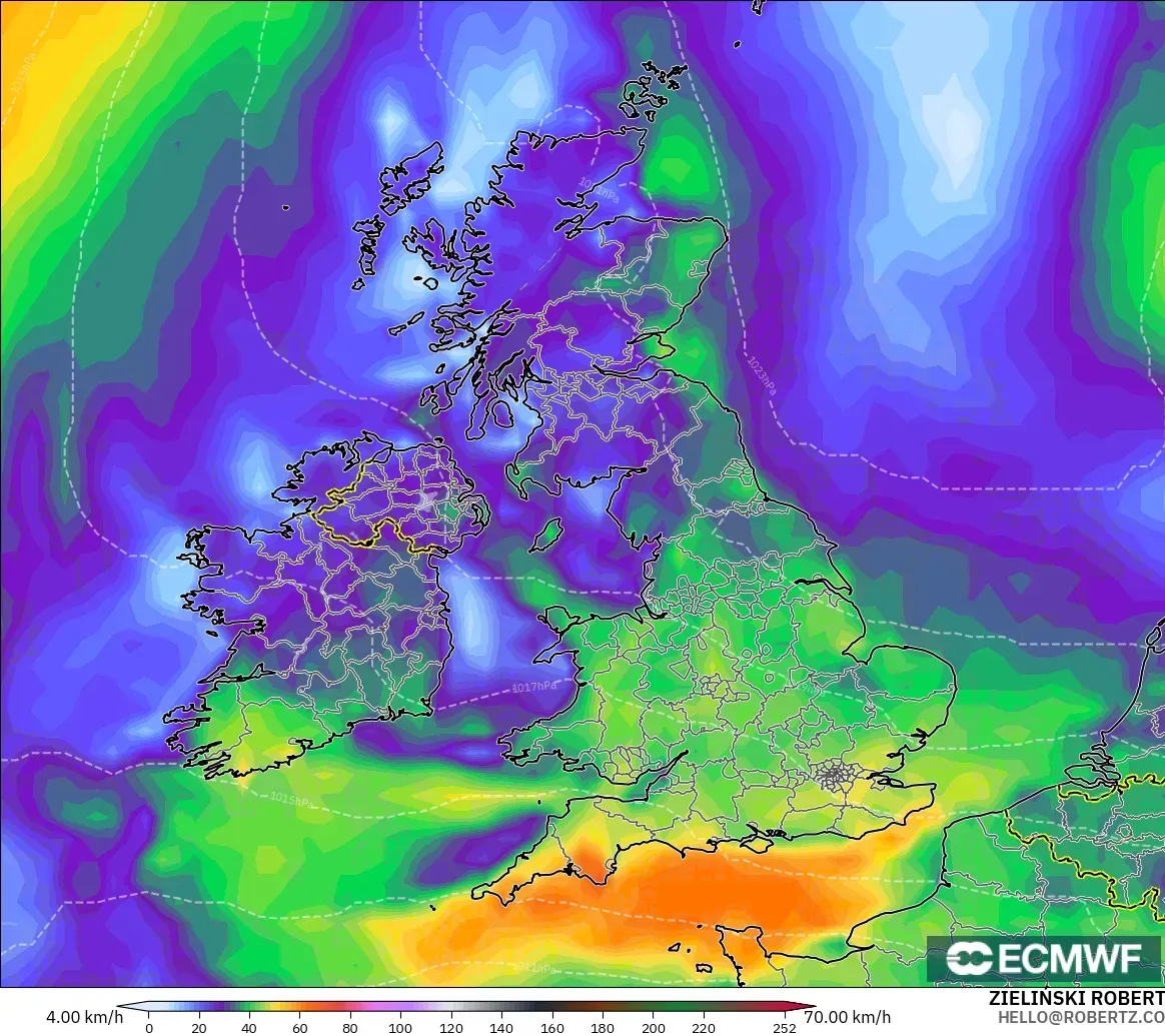 ECMWF IFS 0.25° modelo - Reino Unido, Ráfagas de Viento Máximas
