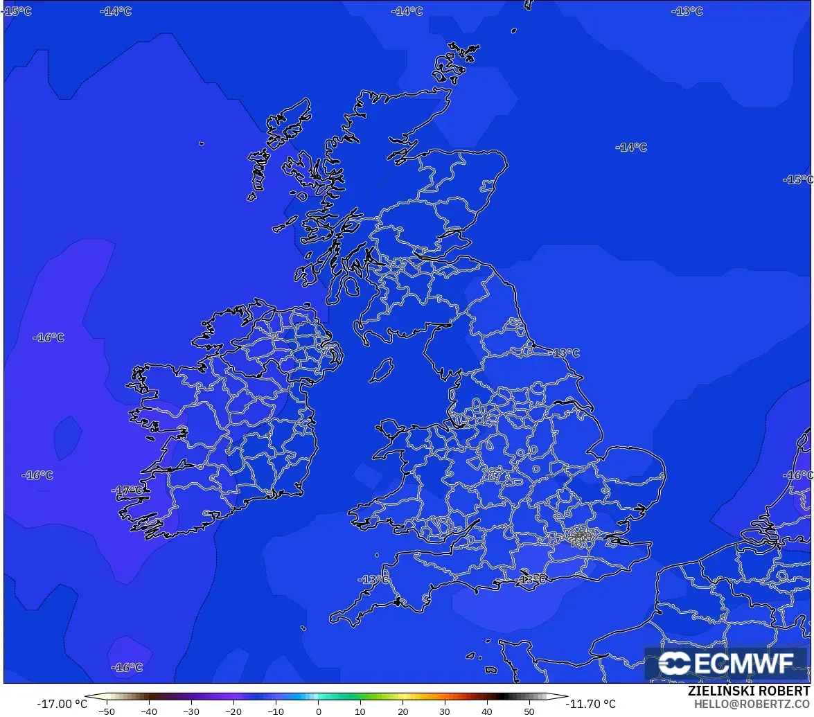 ECMWF IFS 0.25° modelo - Reino Unido, Temperatura a 500 hPa