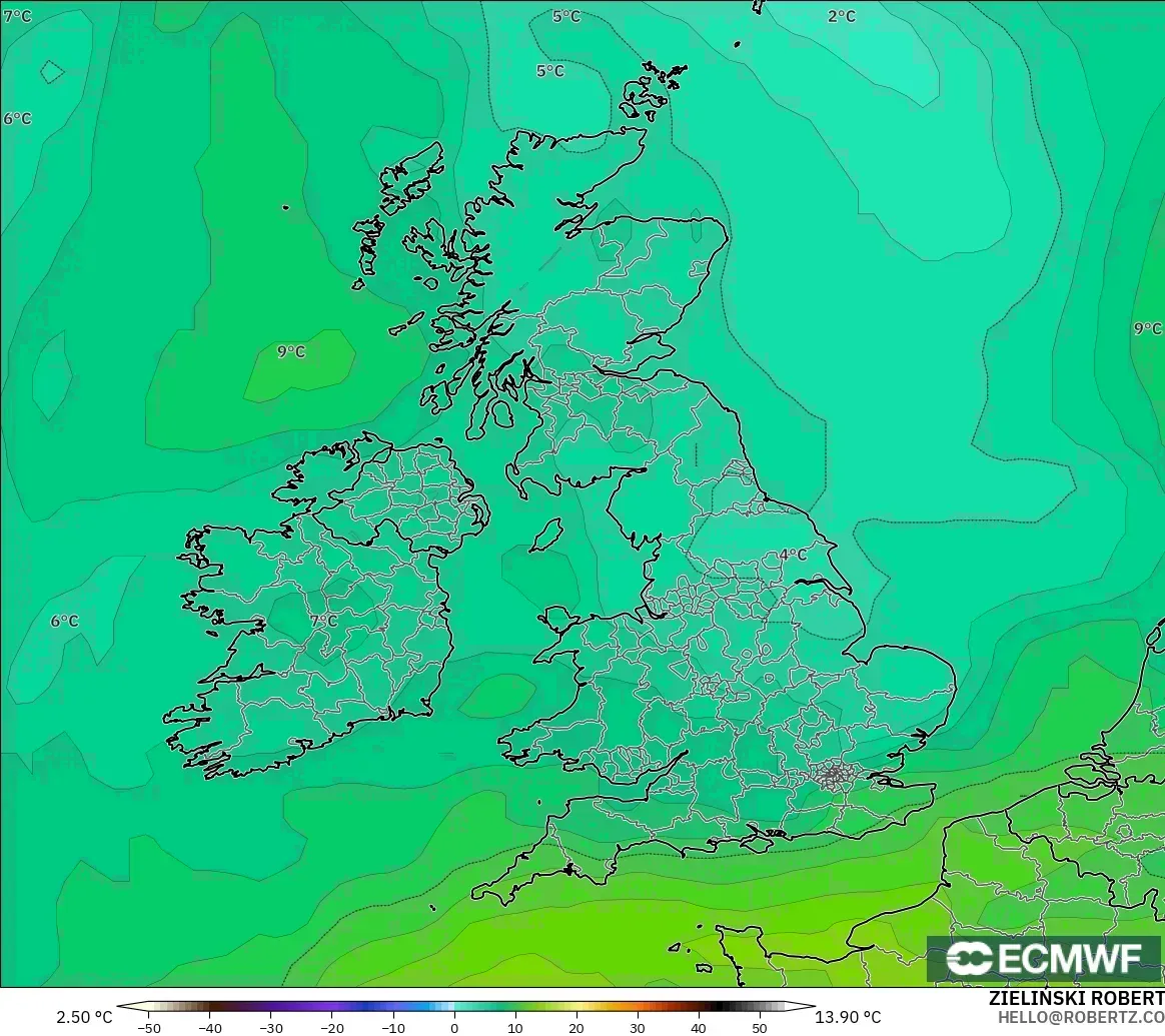 ECMWF IFS 0.25° modelo - Reino Unido, Temperatura a 850 hPa