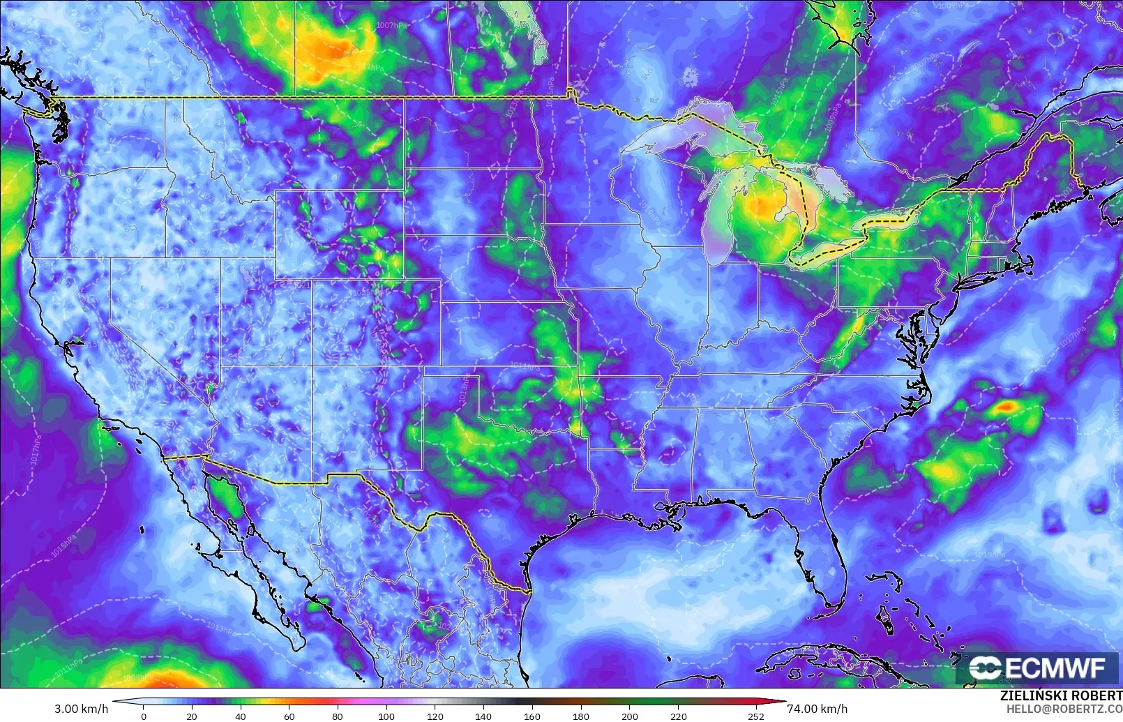 ECMWF IFS 0.25° modelo - Estados Unidos, Ráfagas de viento
