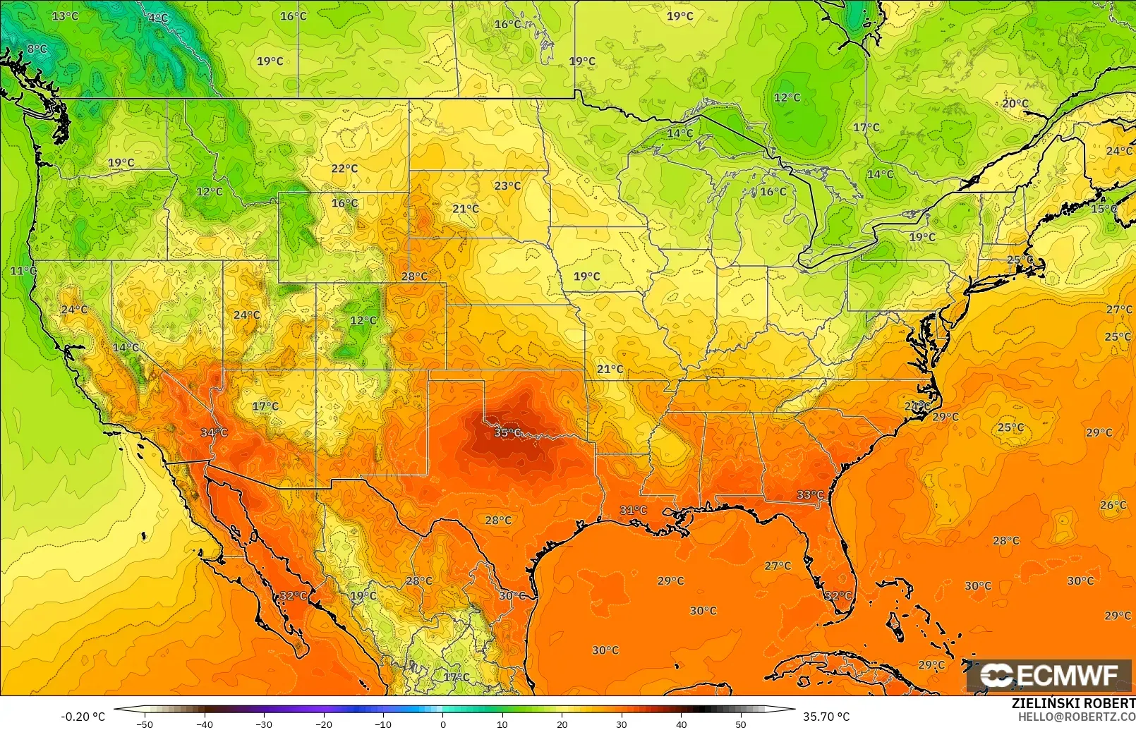 ECMWF IFS 0.25° modelo - Estados Unidos, Temperatura a 2 m