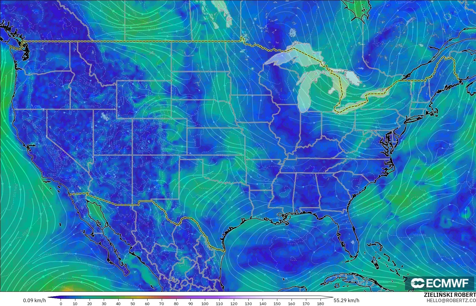 ECMWF IFS 0.25° modelo - Estados Unidos, Viento a 10 m