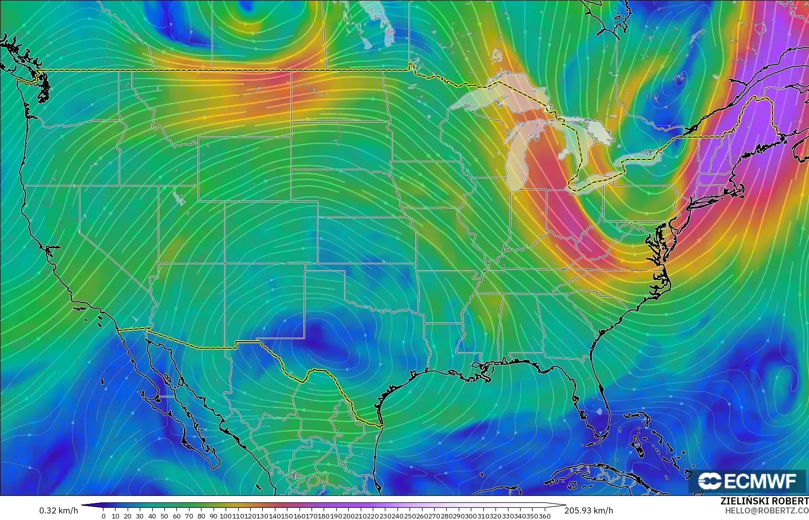 ECMWF IFS 0.25° modelo - Estados Unidos, Viento a 300 hPa (corriente en chorro)
