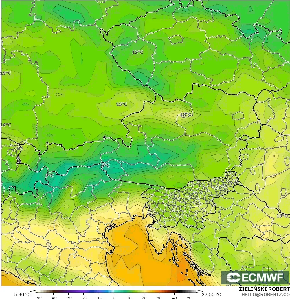 ECMWF IFS 0.25° modelo - Austria, Temperatura a 2 m