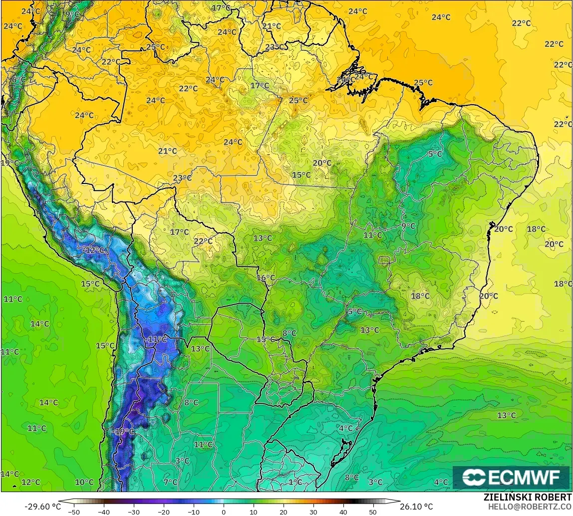 ECMWF IFS 0.25° modelo - Brasil, Punto de rocío a 2 m