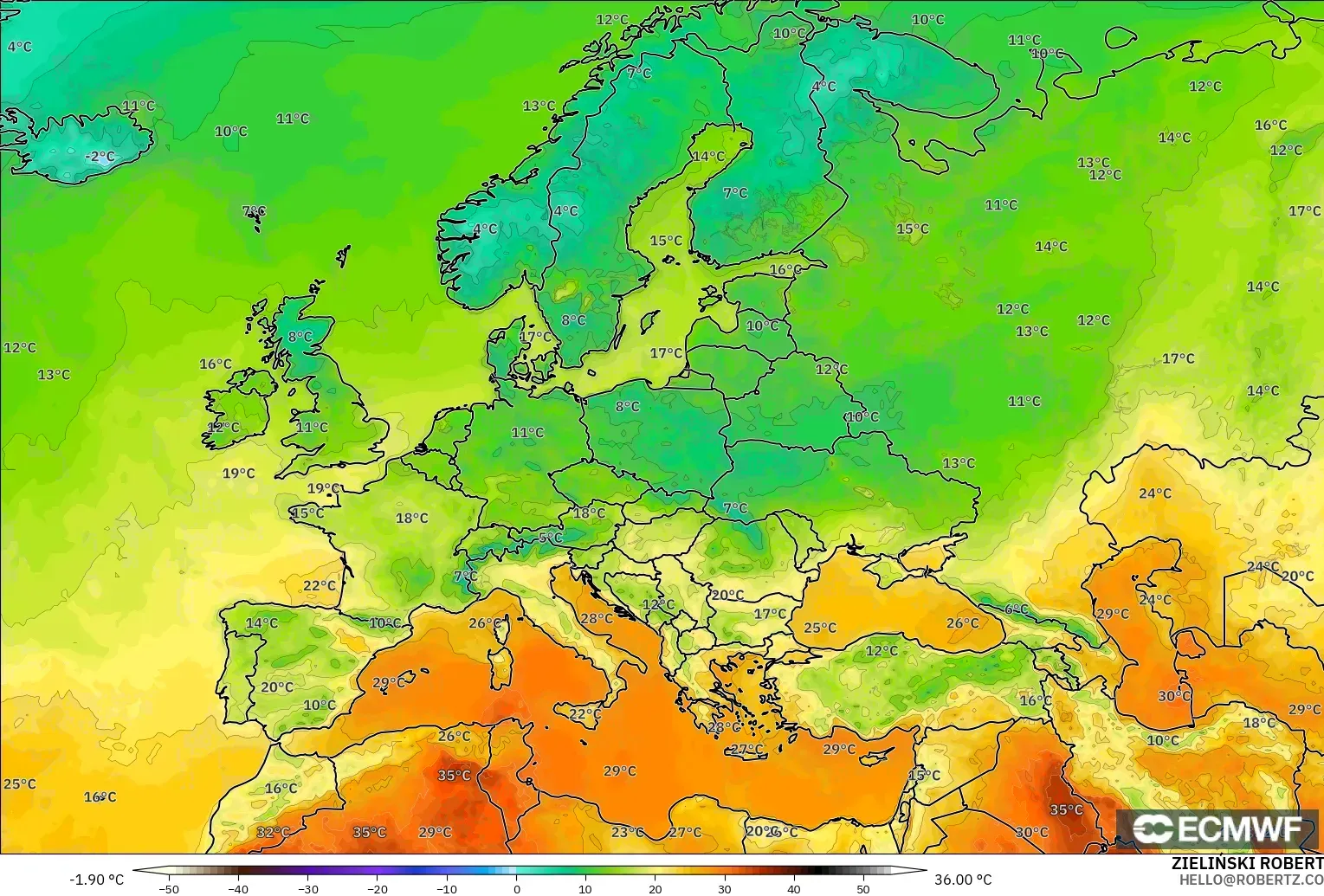ECMWF IFS 0.25° modelo - Europa, Temperatura a 2 m