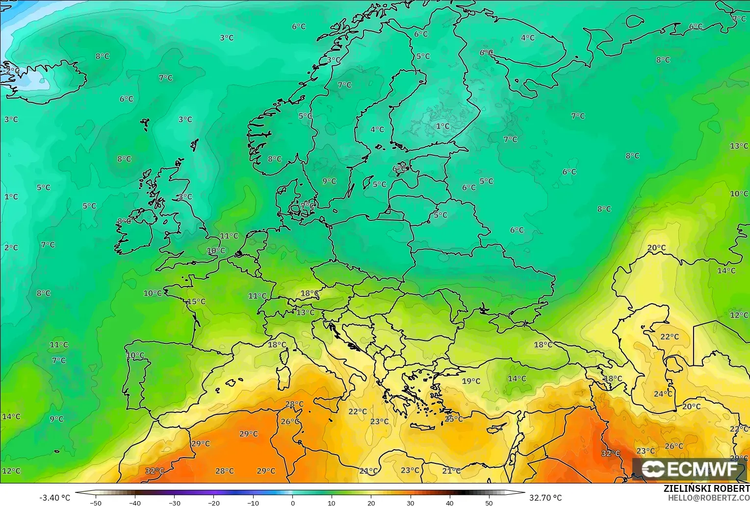 ECMWF IFS 0.25° modelo - Europa, Temperatura a 850 hPa