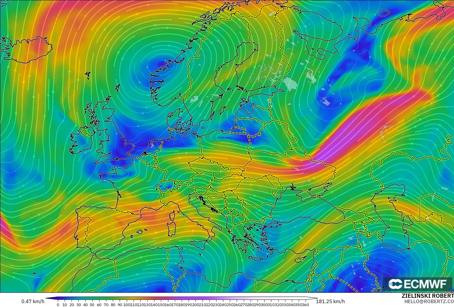 ECMWF IFS 0.25° modelo - Europa, Viento a 300 hPa (corriente en chorro)