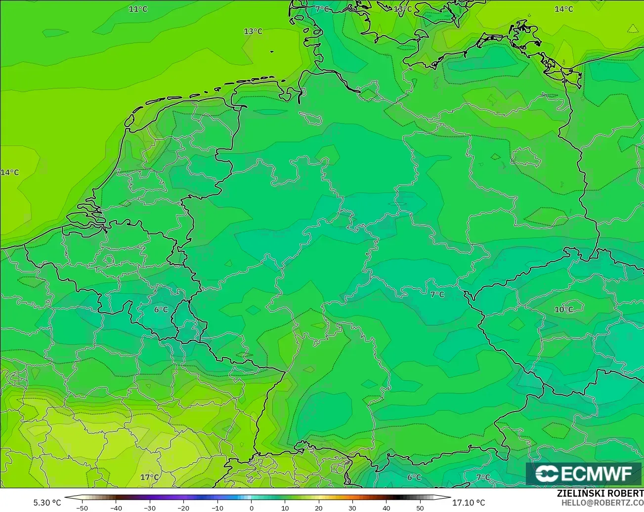ECMWF IFS 0.25° modelo - Alemania, Punto de rocío a 2 m