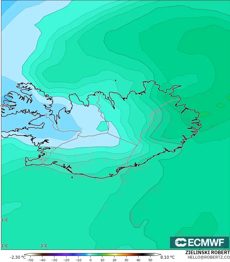 ECMWF IFS 0.25° modelo - Islandia, Temperatura a 850 hPa