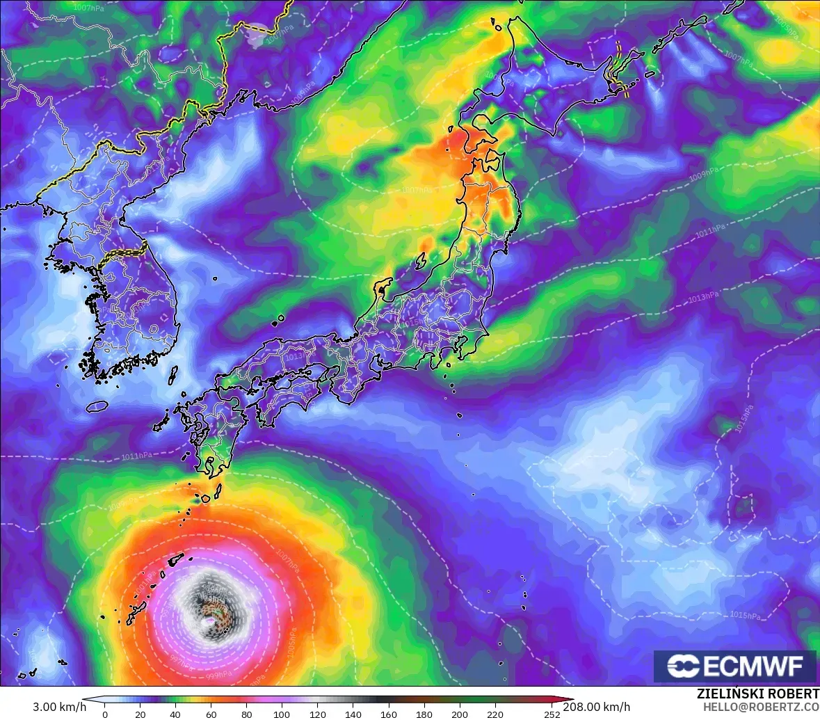 ECMWF IFS 0.25° modelo - Japón, Ráfagas de Viento Máximas