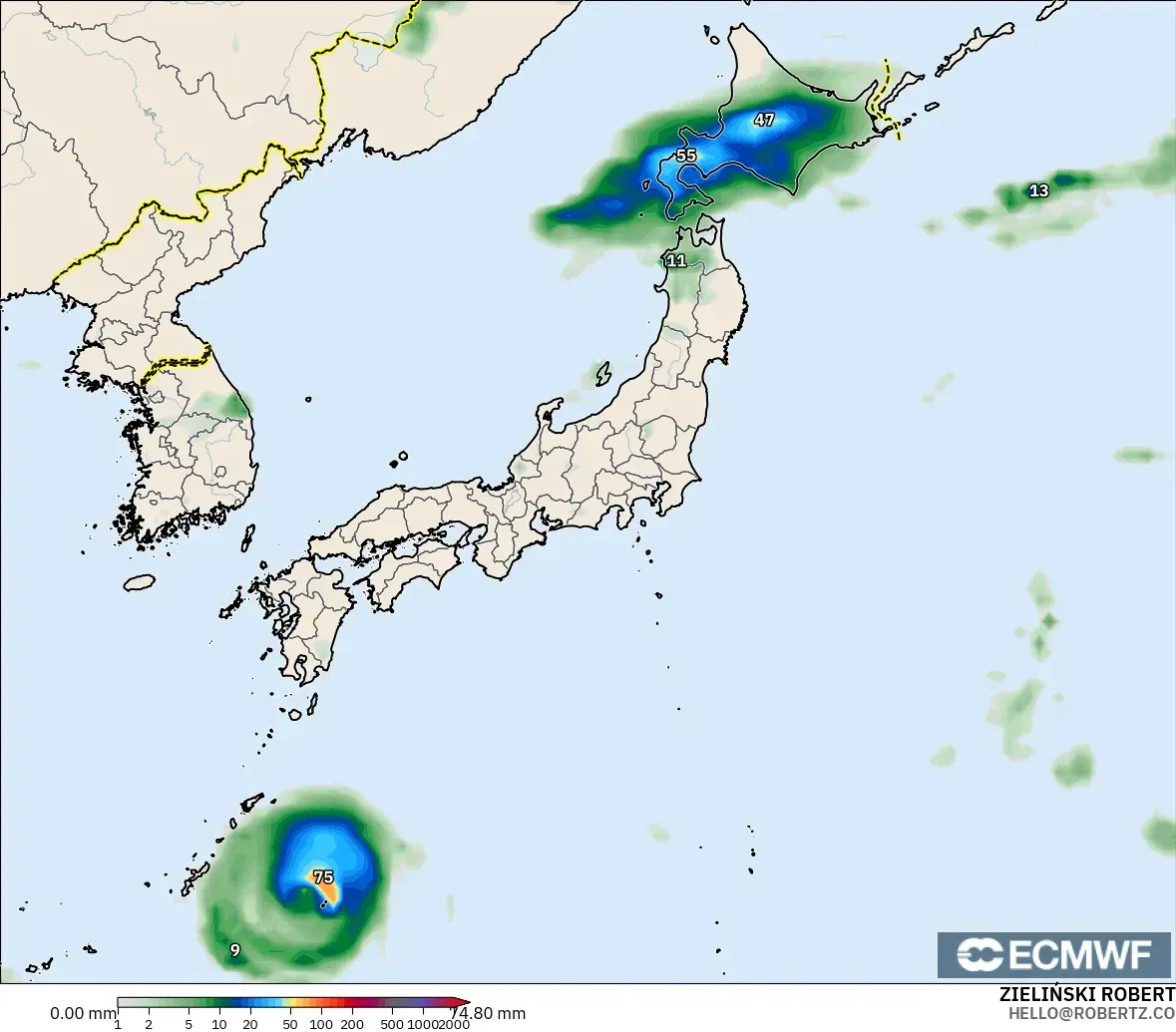 ECMWF IFS 0.25° modelo - Japón, Acumulación de precipitación
