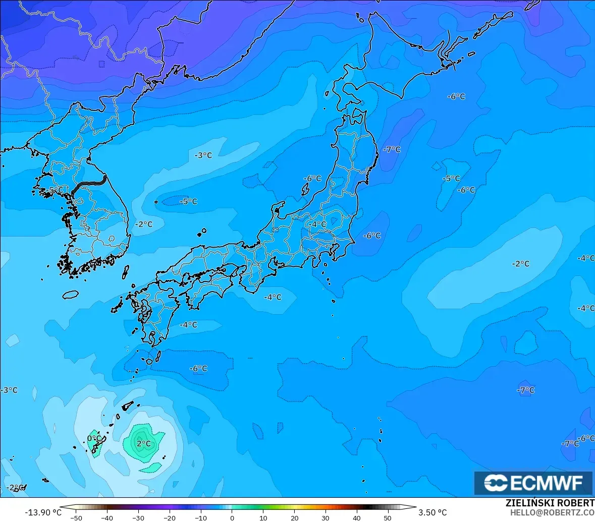 ECMWF IFS 0.25° modelo - Japón, Temperatura a 500 hPa