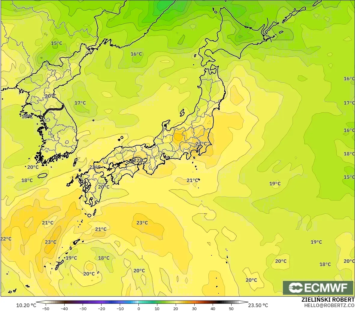 ECMWF IFS 0.25° modelo - Japón, Temperatura a 850 hPa