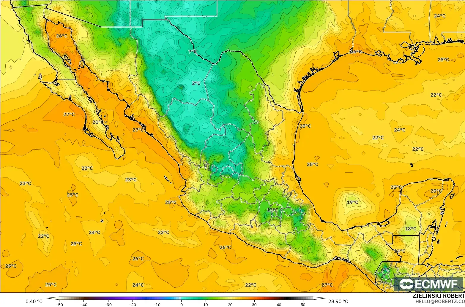 ECMWF IFS 0.25° modelo - México, Punto de rocío a 2 m
