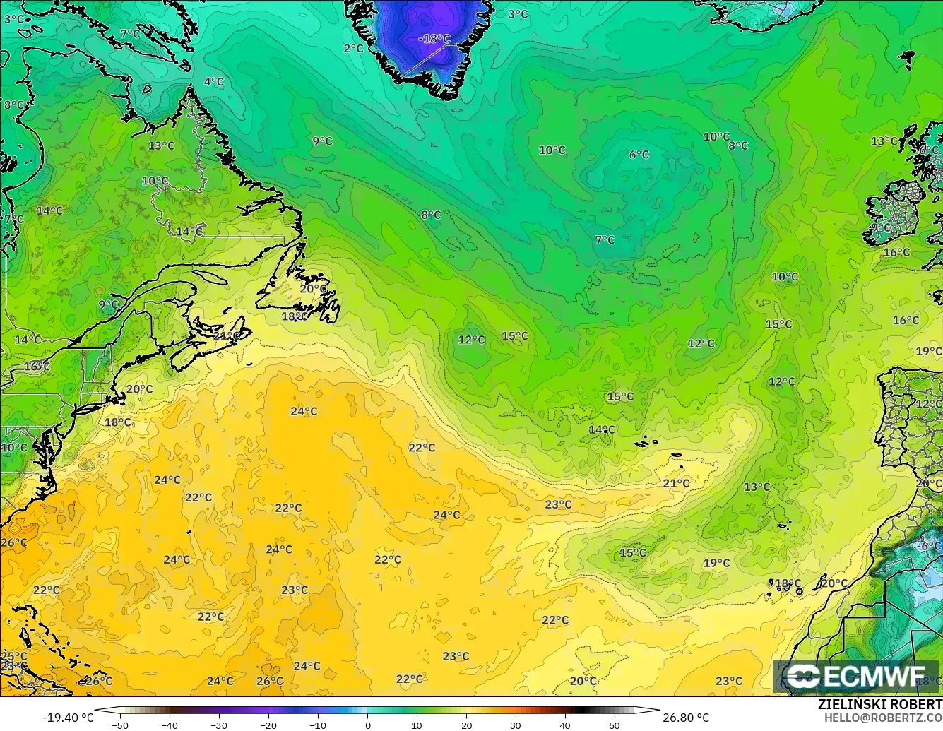ECMWF IFS 0.25° modelo - Norte Atlántico, Punto de rocío a 2 m