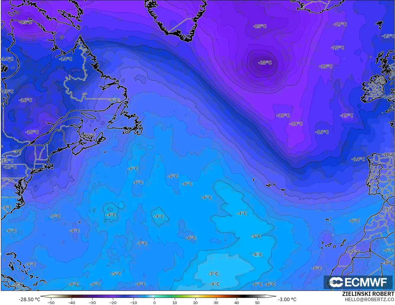 ECMWF IFS 0.25° modelo - Norte Atlántico, Temperatura a 500 hPa
