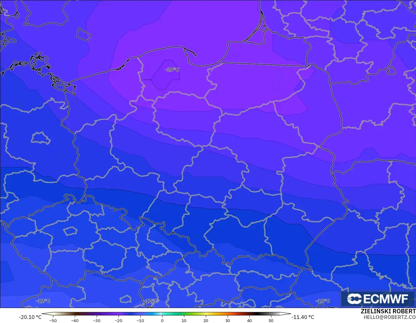 ECMWF IFS 0.25° modelo - Polonia, Temperatura a 500 hPa