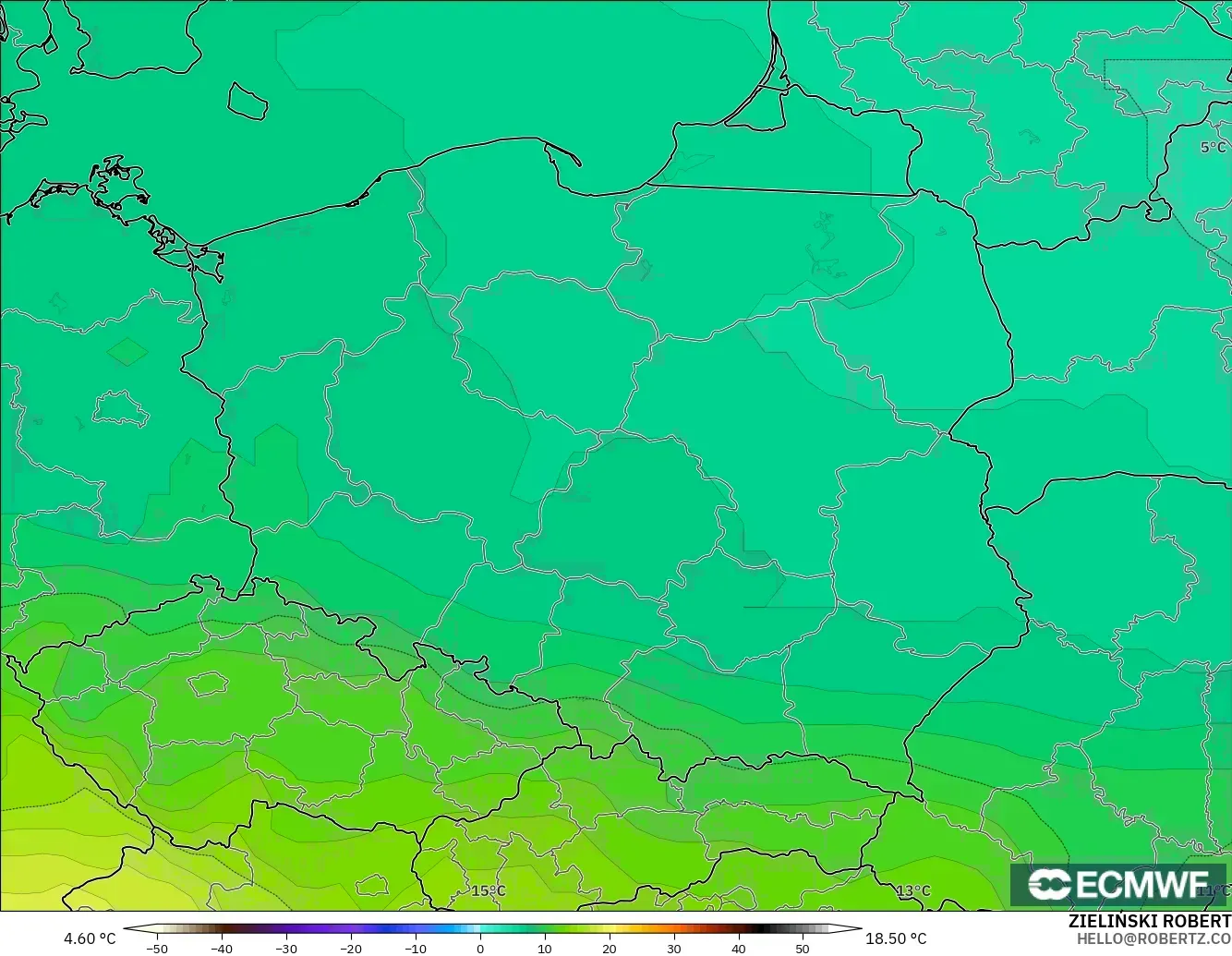 ECMWF IFS 0.25° modelo - Polonia, Temperatura a 850 hPa