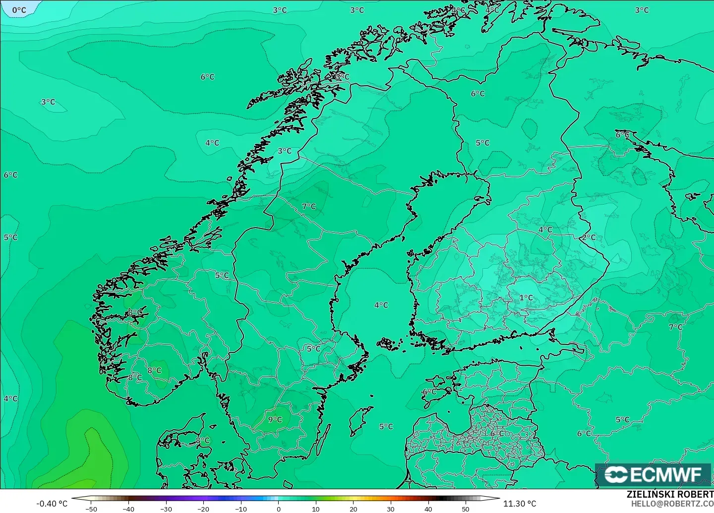 ECMWF IFS 0.25° modelo - Escandinavia, Temperatura a 850 hPa