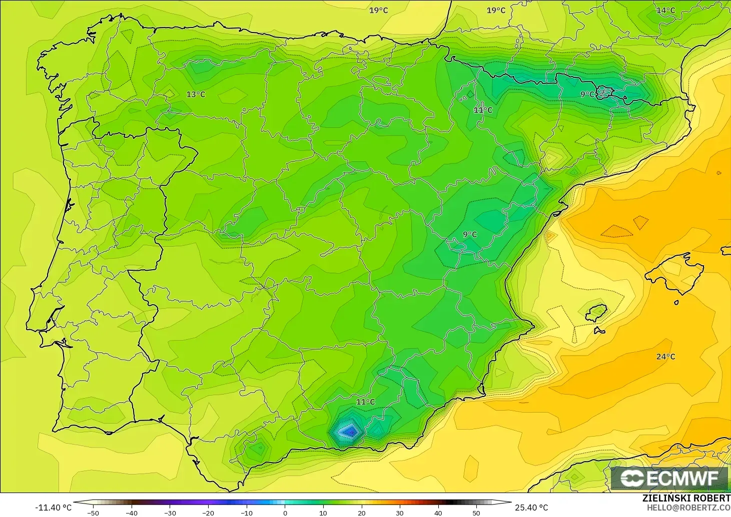 ECMWF IFS 0.25° modelo - España, Punto de rocío a 2 m
