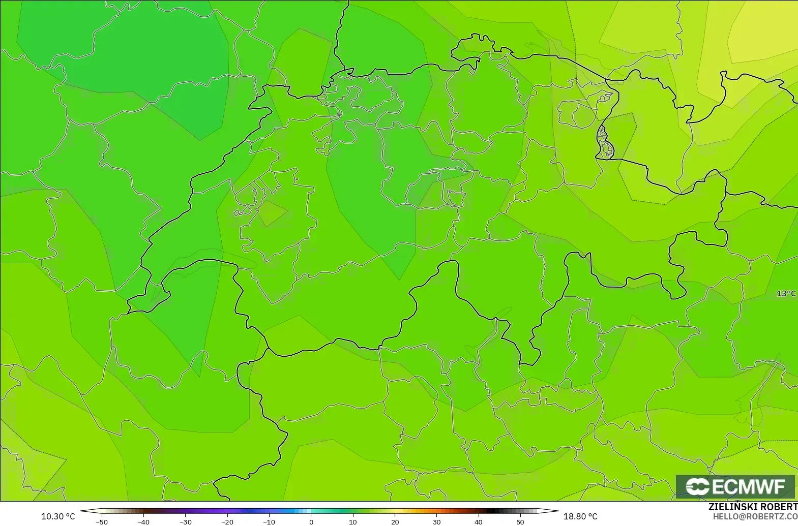 ECMWF IFS 0.25° modelo - Suiza, Temperatura a 850 hPa