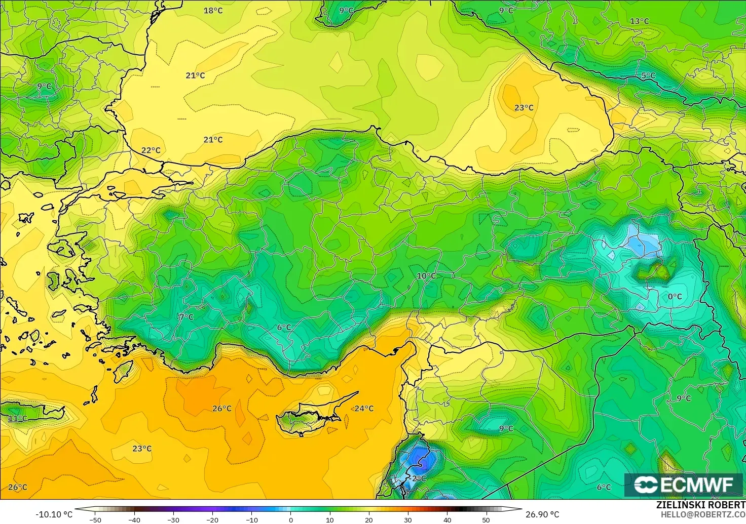 ECMWF IFS 0.25° modelo - Turquía, Punto de rocío a 2 m
