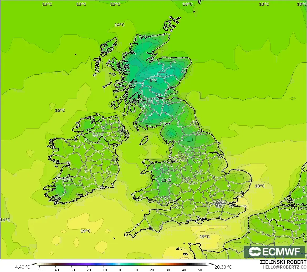 ECMWF IFS 0.25° modelo - Reino Unido, Temperatura a 2 m