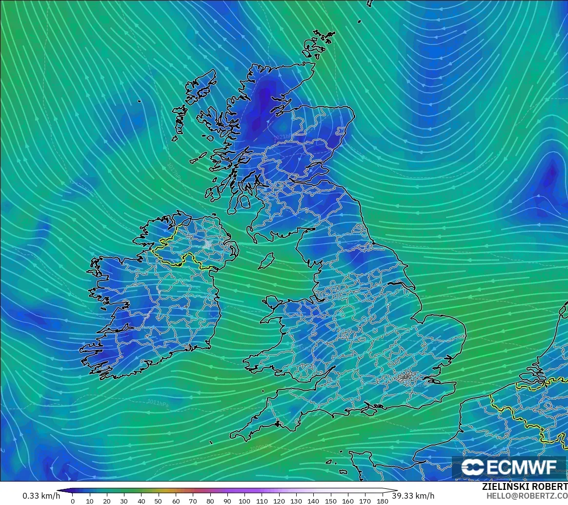 ECMWF IFS 0.25° modelo - Reino Unido, Viento a 10 m