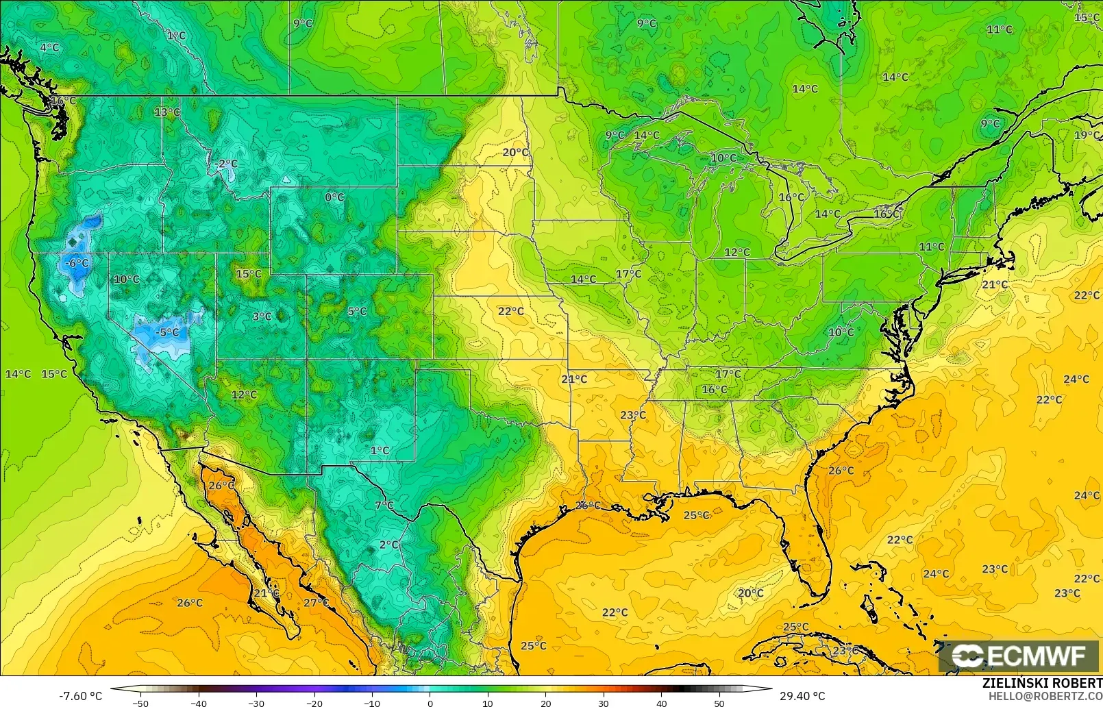 ECMWF IFS 0.25° modelo - Estados Unidos, Punto de rocío a 2 m