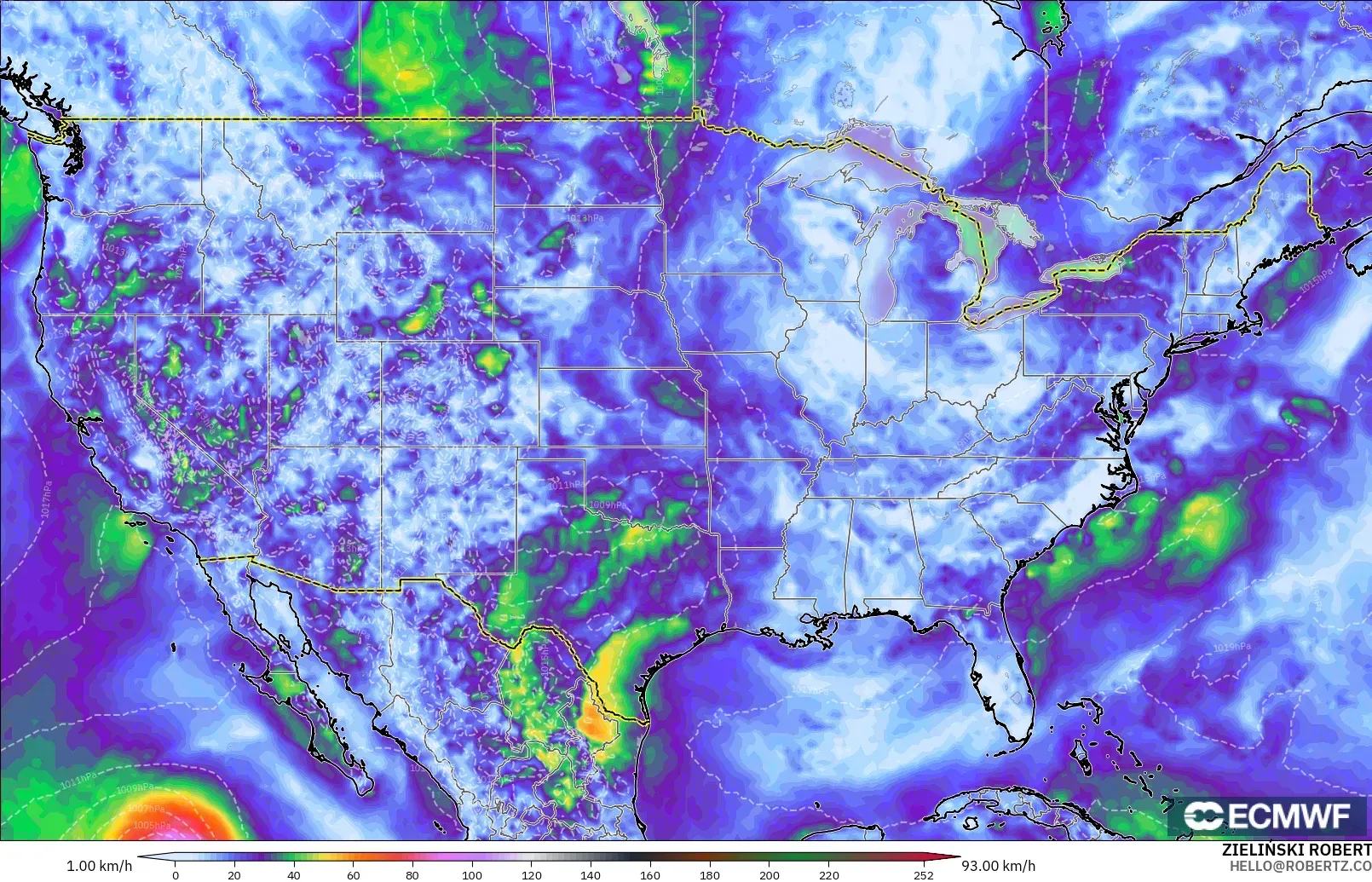 ECMWF IFS 0.25° modelo - Estados Unidos, Ráfagas de Viento Máximas