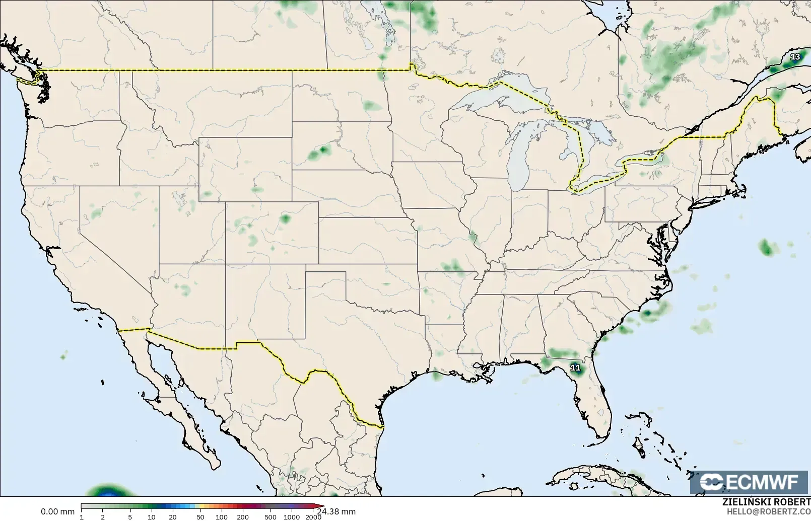 ECMWF IFS 0.25° modelo - Estados Unidos, Acumulación de precipitación