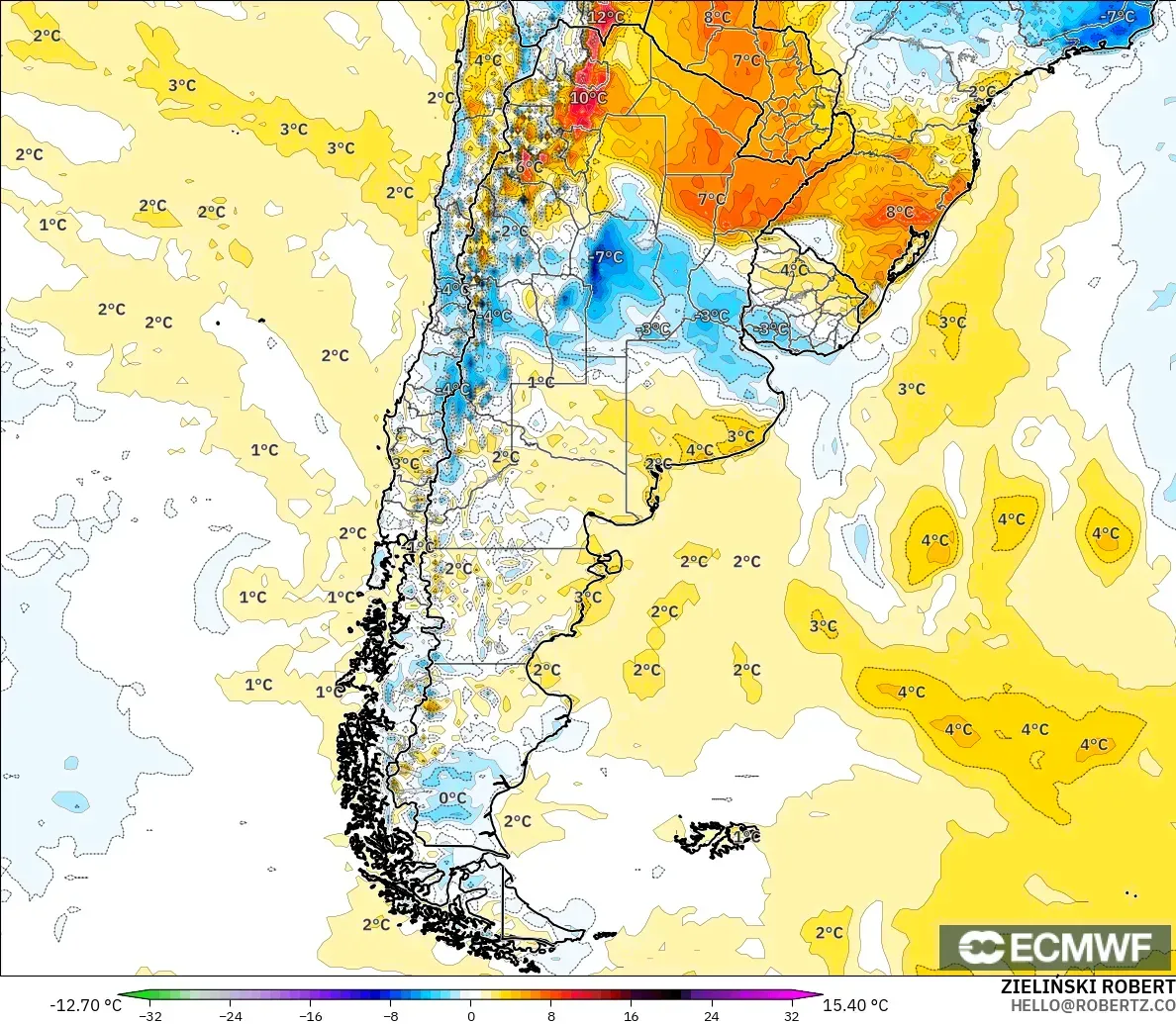 ECMWF IFS 0.25° modelo - Argentina, Anomalía de temperatura a 2 m
