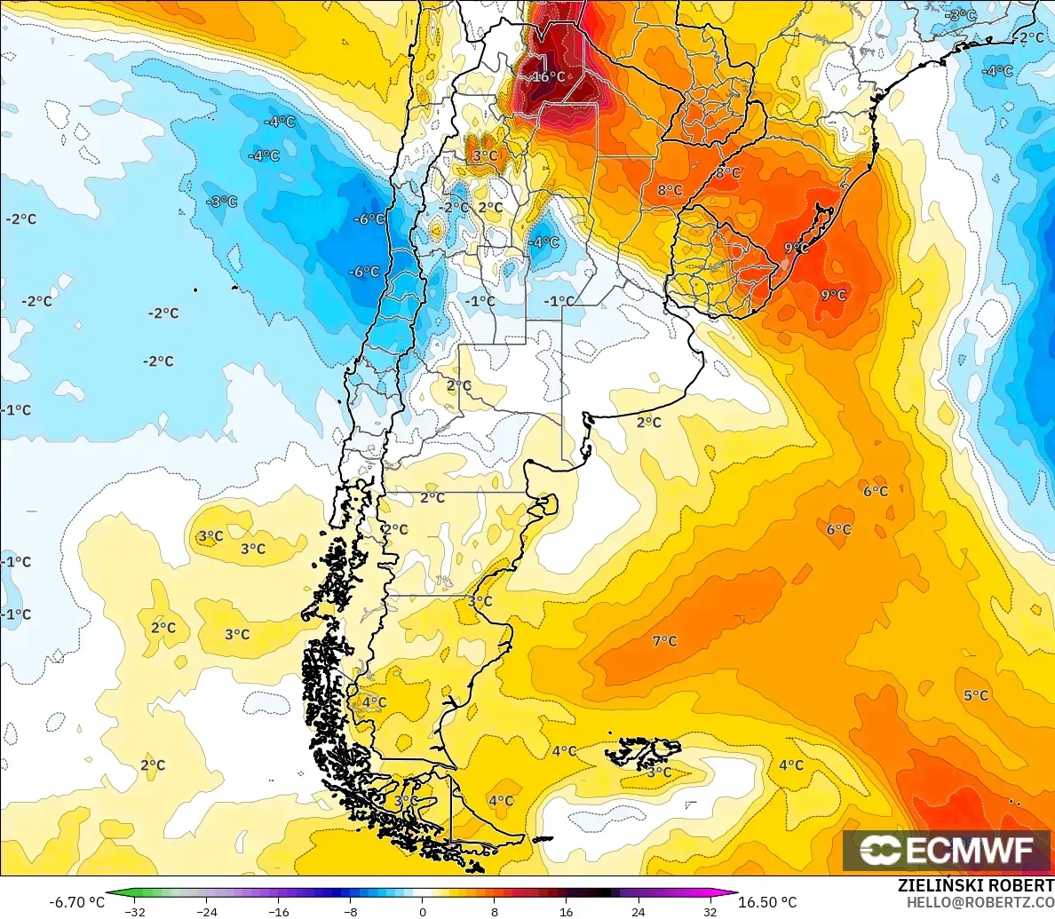 ECMWF IFS 0.25° modelo - Argentina, Anomalía de temperatura a 850 hPa
