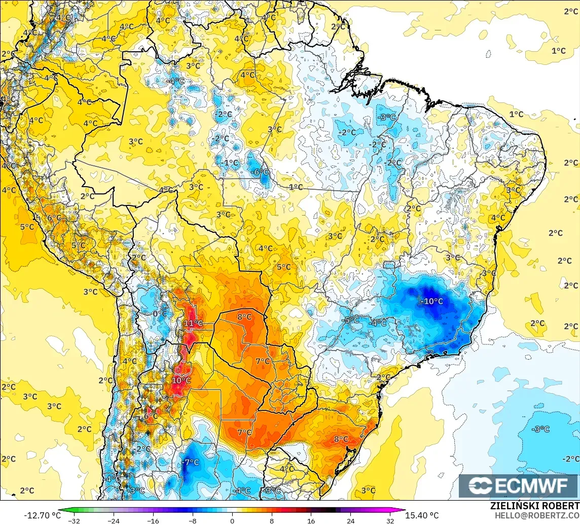 ECMWF IFS 0.25° modelo - Brasil, Anomalía de temperatura a 2 m