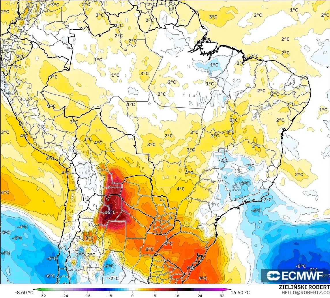 ECMWF IFS 0.25° modelo - Brasil, Anomalía de temperatura a 850 hPa