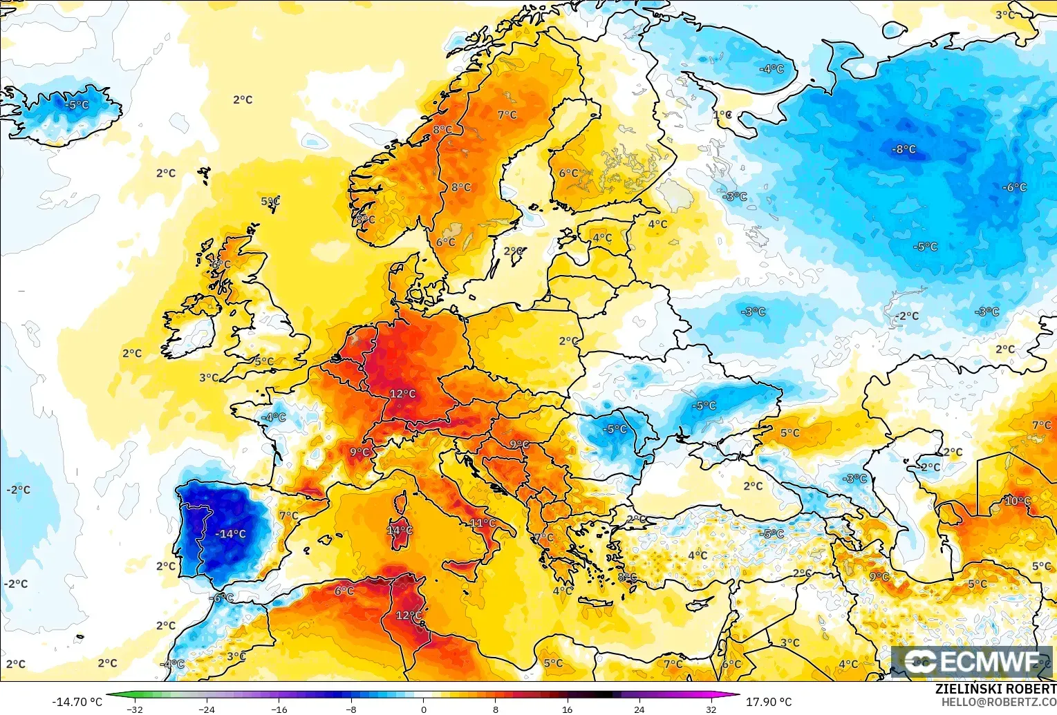 ECMWF IFS 0.25° modelo - Europa, Anomalía de temperatura a 2 m